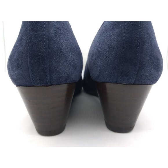 Tory Burch Blue Leather Suede Chelsea Wedge Heels Bow Logo Round Toe 7M - Picture 10 of 15